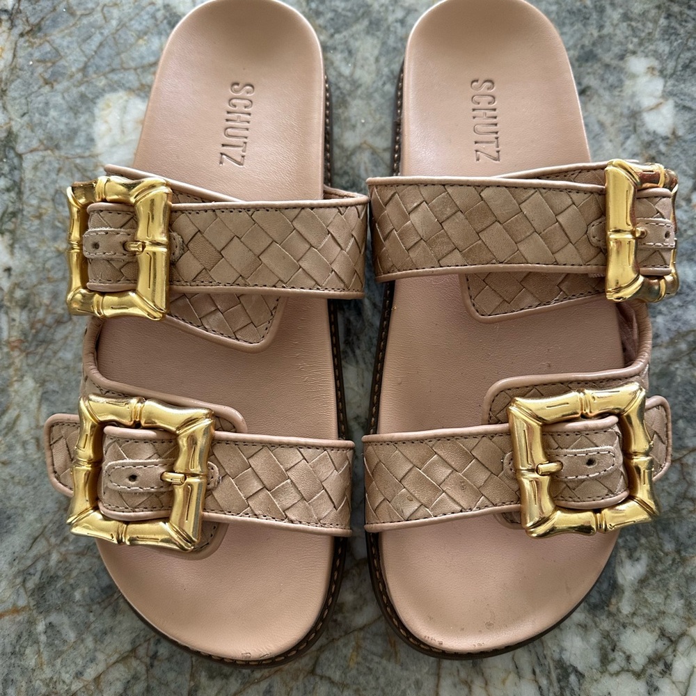 Schutz Tan Sandals with Gold Buckles